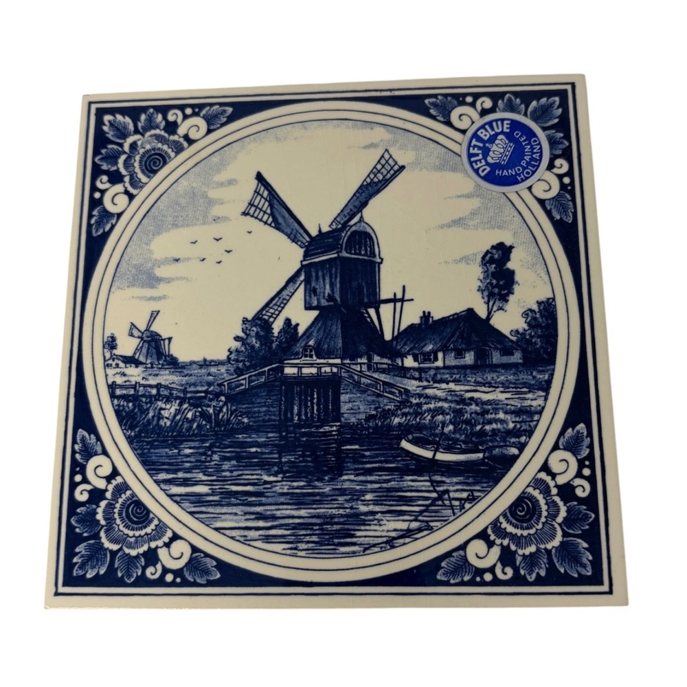 Vintage Delft Blue Holland Hand‎ Painted Windmill Ceramic Tile Dutch Wall Decor